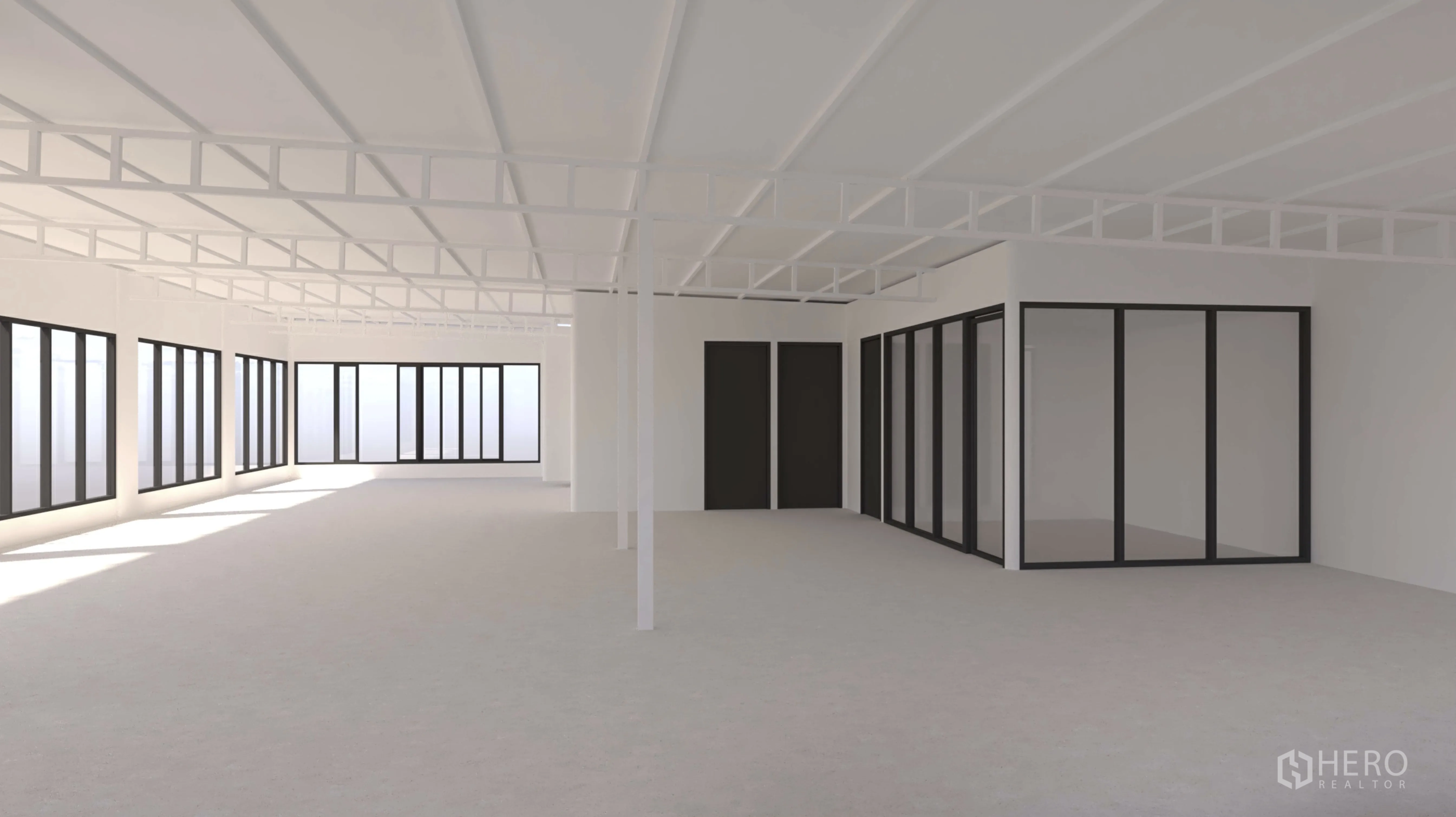 Retail Space for rent in Watthana, Bangkok - Spacious white open-plan retail floor with black-framed glass partitions and windows.
