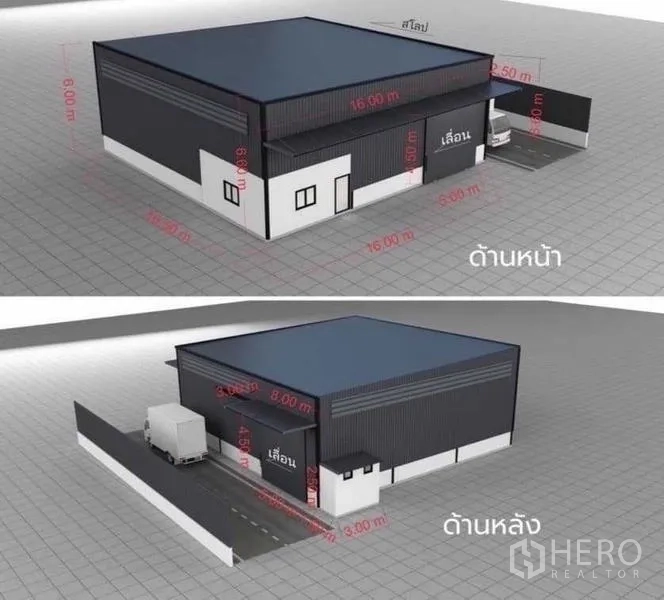 货栈 出租在Lat Phrao, Bangkok - 带大型卷闸门的仓库单元，后方卡车装卸车道，图上标有尺寸。