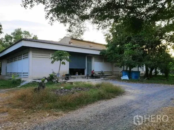 Factory for rent in Pathum Thani - Single-storey factory with loading dock and roller door set along a gravel driveway shaded by trees.