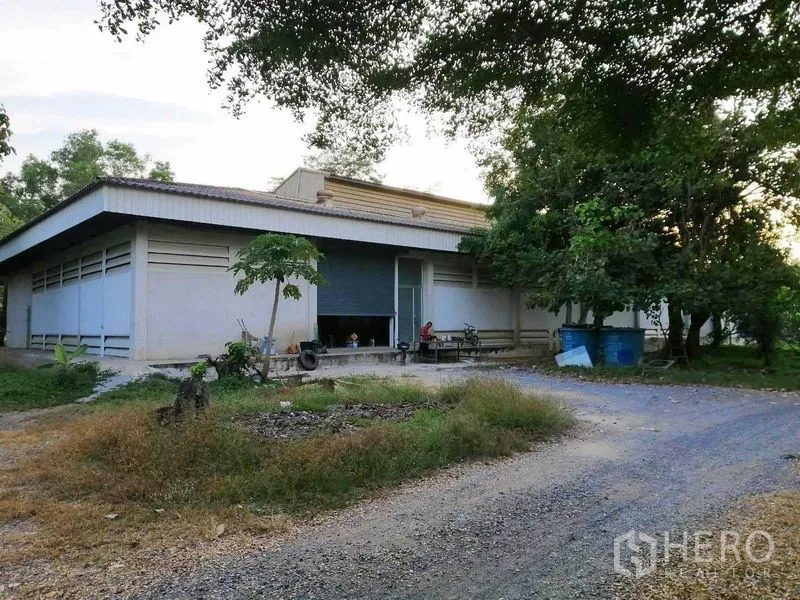 Factory for rent in Pathum Thani - Single-storey factory with loading dock and roller door set along a gravel driveway shaded by trees.