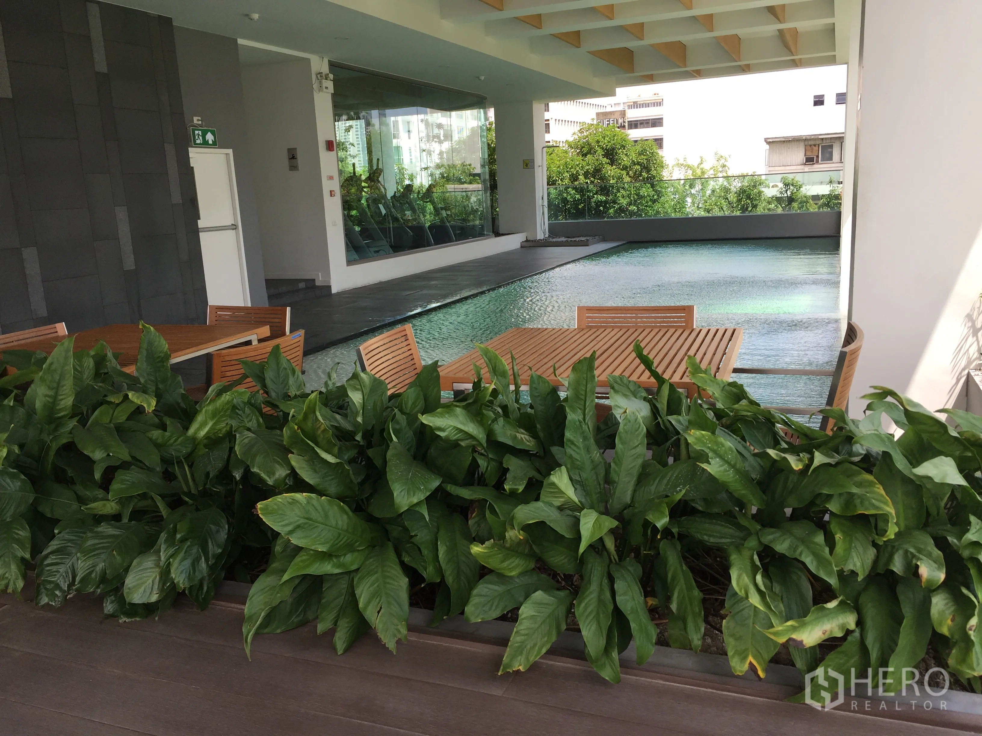 公寓 出售在Bang Rak, Bangkok - 有顶泳池平台，木质桌椅与绿植，可见健身房