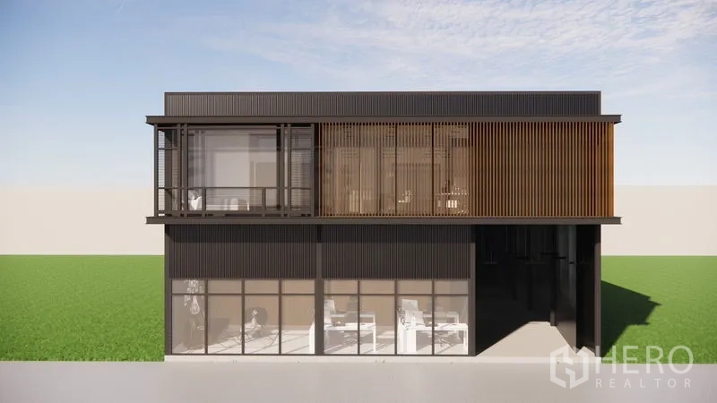 คลังสินค้า ให้เช่าในLam Luk Ka, Pathum Thani - ภาพเรนเดอร์ภายนอกโกดังสมัยใหม่ กระจกและระแนงไม้