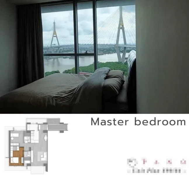 Condominium for rent or sale in Yan Nawa, Bangkok - Master bedroom with panoramic river and Bhumibol Bridge view.