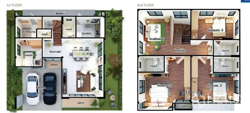 Detached House for rent in Prawet, Bangkok - Two-level floor plan showing four bedrooms, multiple baths, and car parking.