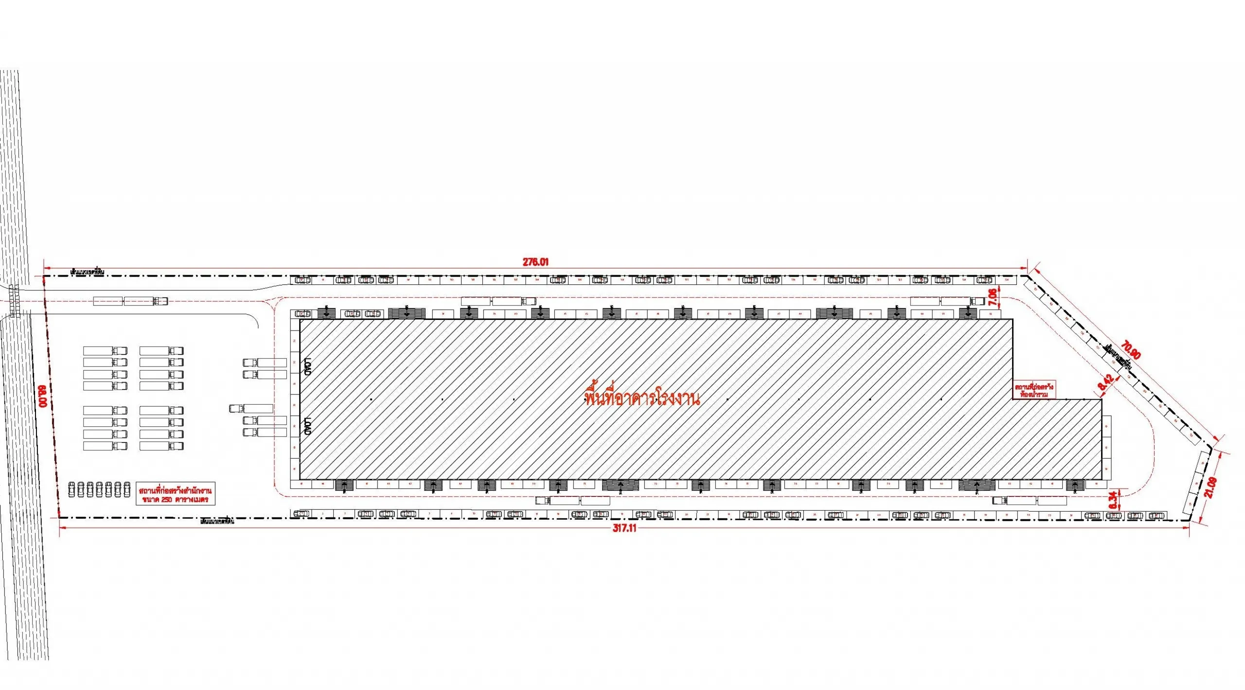 Factory for rent or sale in Lat Lum Kaeo, Pathum Thani - Site plan showing the factory footprint, truck circulation and parking layout.