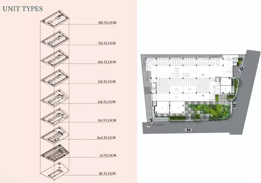 独立商业地产 出售在Watthana, Bangkok - 建筑分层示意与首层平面图，含停车与景观区。