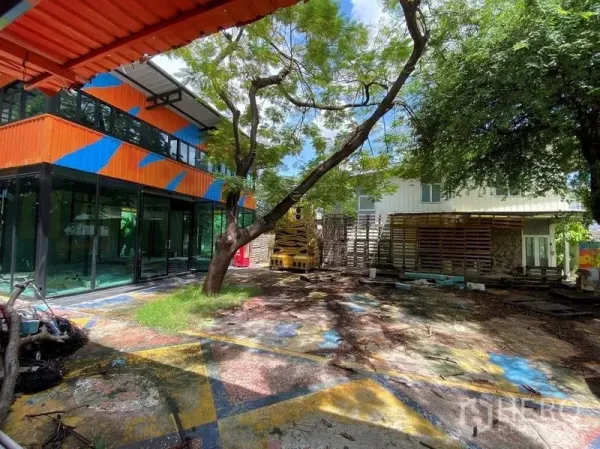 Detached House for rent in Watthana, Bangkok - Courtyard with mature trees and a colorful two-storey glass-fronted building.