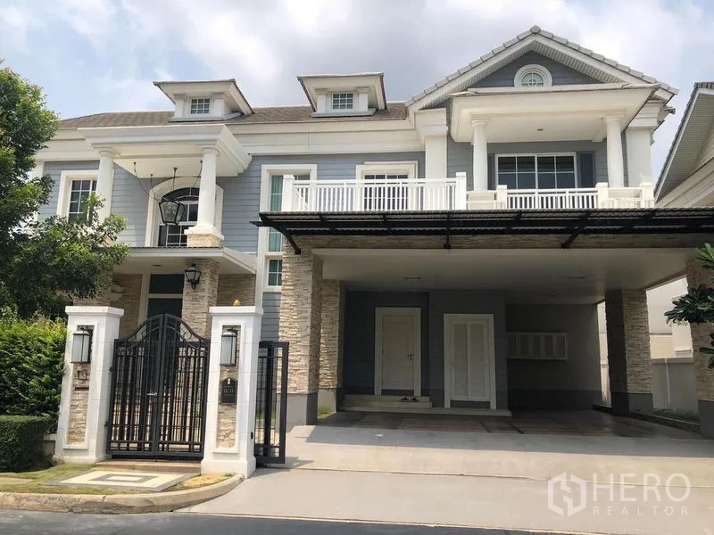 Detached House for rent or sale - Gated two-storey detached house with stone facade, balcony and covered double carport.
