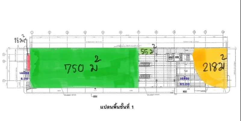 Retail Space for rent - Ground-floor plan highlighting a 750 sqm retail space in green with service cores marked.