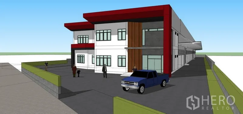 货栈 出租或出售在Lam Luk Ka, Pathum Thani - 透视效果图展示仓库前方车道与停车区。