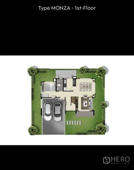 บ้าน ขายในPrawet, Bangkok - แบบแปลนชั้น 1 แสดงที่จอดรถ 2 คัน พื้นที่นั่งเล่น ครัว และสวน