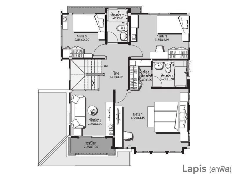 บ้าน for sale in Bang Kapi, Bangkok - ผังชั้นสองของบ้านเดี่ยว 3 ห้องนอน มีโถงพักผ่อน ห้องน้ำ และระเบียง