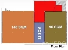 零售空间 出租在Pathum Wan, Bangkok - 平面图，突出140㎡主区及相邻96㎡与32㎡分区。