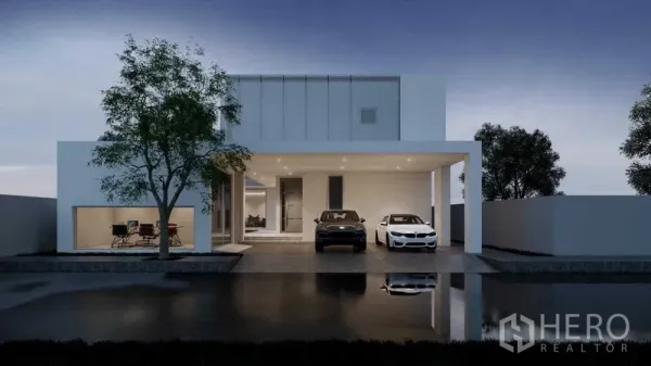 ที่ดิน ขายในPrawet, Bangkok - ภาพเรนเดอร์บ้านโมเดิร์นสองชั้น หน้าบ้านมีที่จอดรถในร่มและต้นไม้.