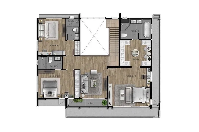 Detached House for sale in Bang Kapi, Bangkok - Second floor plan with master suite featuring walk-in closet and bathtub, family lounge, balconies and additional en-suite bedrooms.