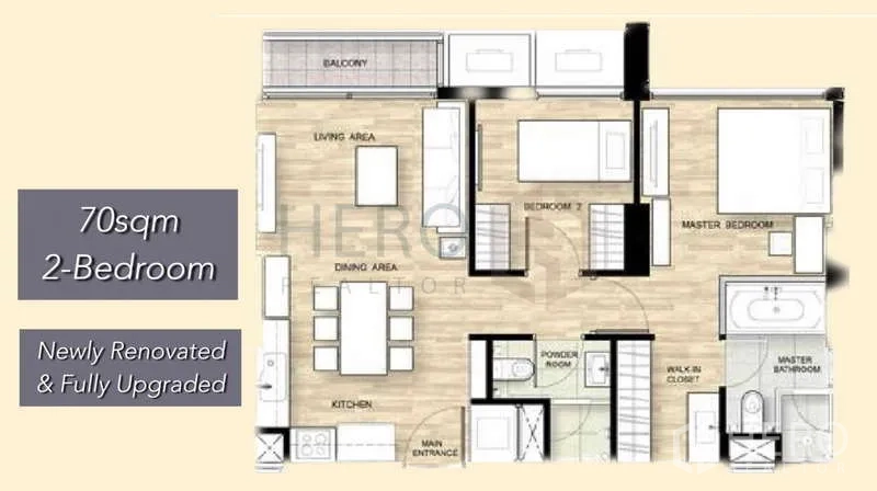 Condominium for sale in Khlong Toei, Bangkok - Floor plan diagram of a two-bedroom condominium layout.