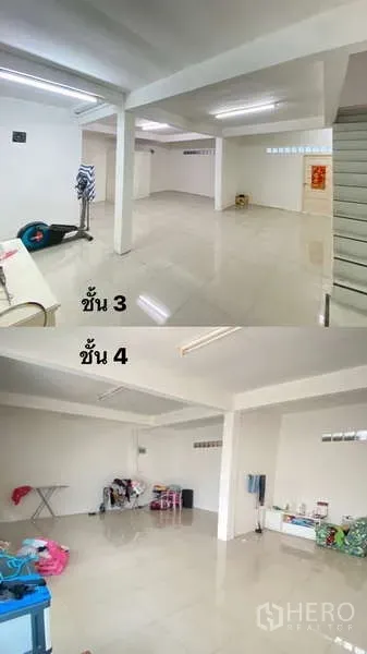 Shophouse for rent or sale in Watthana, Bangkok - Open-plan upper floors with white walls, pillars and polished tile, ideal for office or studio.