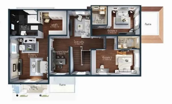 Detached House for rent or sale in Bang Phli, Samut Prakan - Second-floor floor plan showing multiple bedrooms and central stair hall.