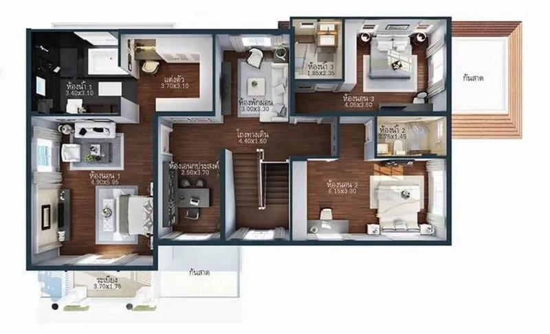 Detached House for rent or sale in Bang Phli, Samut Prakan - Second-floor floor plan showing multiple bedrooms and central stair hall.