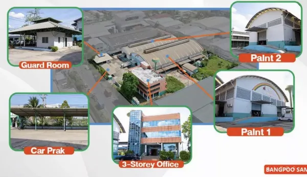 工厂 出售在Samut Prakan - 工业园区鸟瞰图，标注两座生产车间、门卫室、带顶停车棚与三层办公楼。