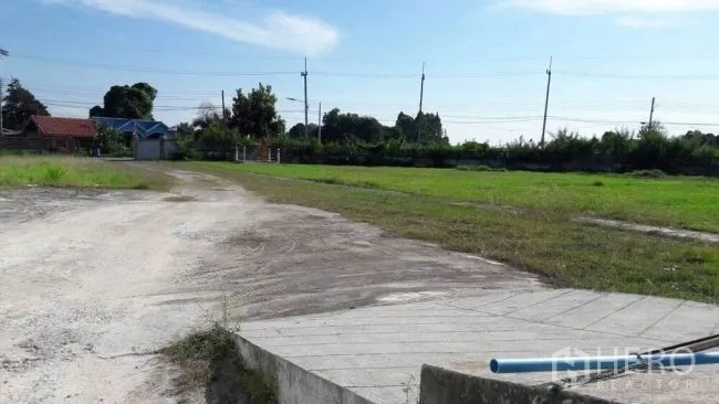 โรงงาน ขายในPhanat Nikhom, Chon Buri - ทางเข้าคอนกรีตสู่แปลงหญ้ากว้าง มีรั้วและเสาไฟฟ้า