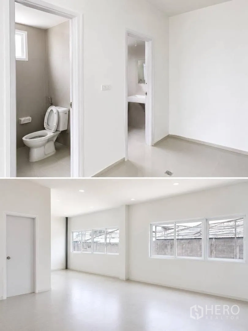 Warehouse for rent in Bang Khun Thian, Bangkok - Bright office rooms with windows and separate restrooms with sanitary fixtures.