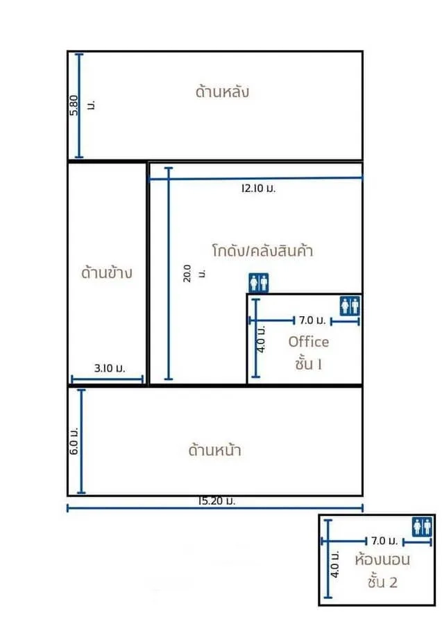 คลังสินค้า ให้เช่าหรือขายในBang Yai, Nonthaburi - ผังพื้นโกดัง แสดงพื้นที่เก็บสินค้า ออฟฟิศ และห้องน้ำ