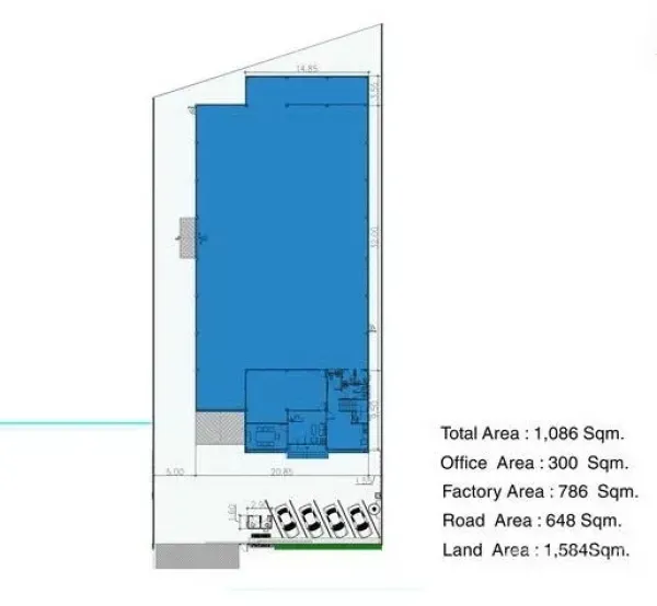 Warehouse for rent in Bang Bo, Samut Prakan - Site plan highlighting 1,086 sqm layout with factory hall, office space and parking.