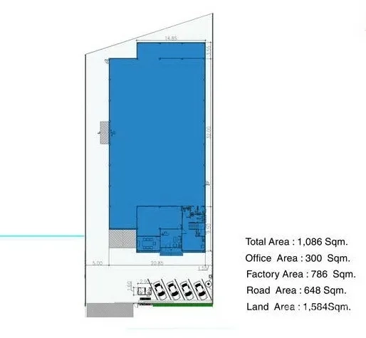 Warehouse for rent in Bang Bo, Samut Prakan - Site plan highlighting 1,086 sqm layout with factory hall, office space and parking.