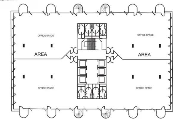 办公空间 出租在Bangkok - 办公楼层平面图，中央核心筒含电梯与卫生间，两侧为开放式办公区。