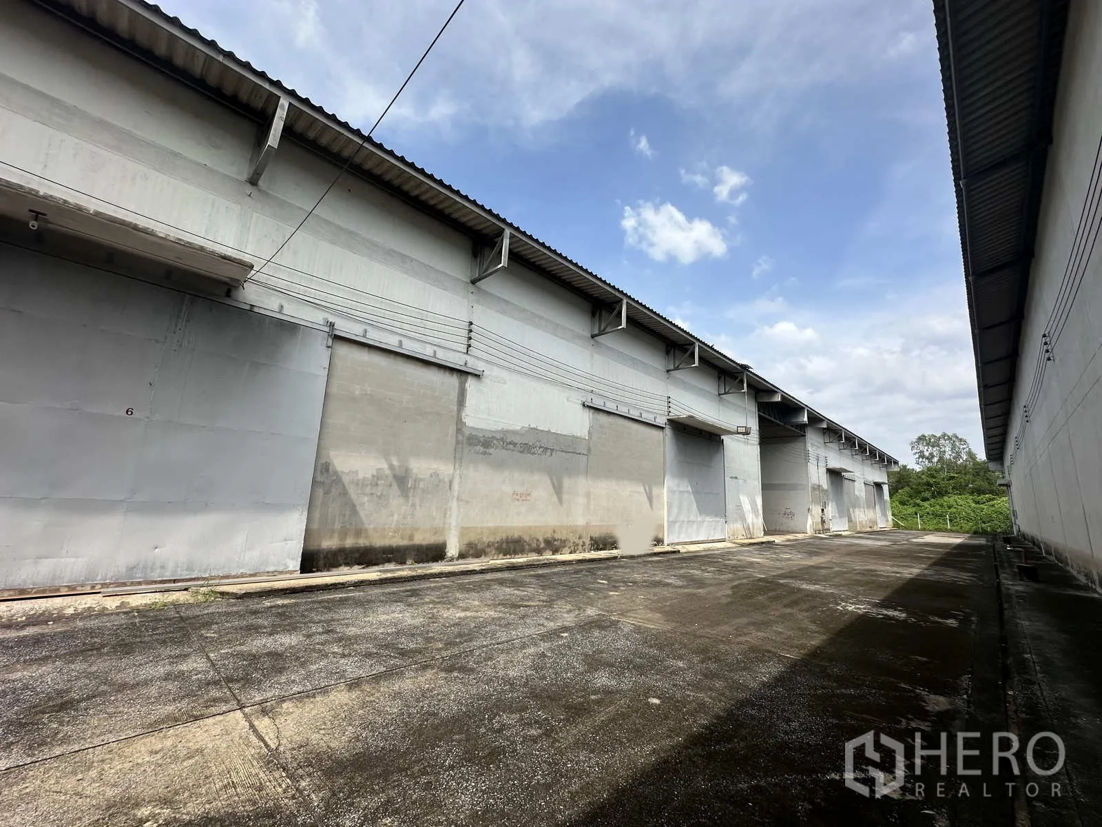 คลังสินค้า ให้เช่าในPhra Nakhon Si Ayutthaya - แนวโกดังหลายยูนิตพร้อมประตูบานเลื่อนและทางสัญจรคอนกรีต