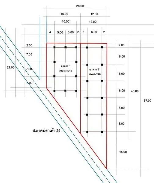 คลังสินค้า ให้เช่าในLat Phrao, Bangkok - แปลนที่ดินแสดงขนาดแปลงและตำแหน่งอาคารโกดังพร้อมระยะต่าง ๆ