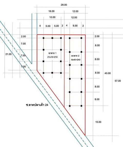 คลังสินค้า ให้เช่าในLat Phrao, Bangkok - แปลนที่ดินแสดงขนาดแปลงและตำแหน่งอาคารโกดังพร้อมระยะต่าง ๆ