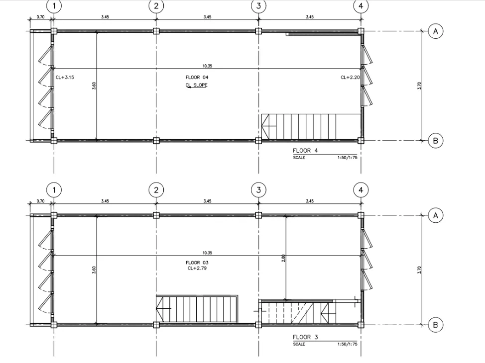 สำนักงานที่บ้าน ให้เช่าในKhlong Toei, Bangkok - แปลนชั้น 3 และ 4 แสดงการจัดวางและขนาดพื้นที่