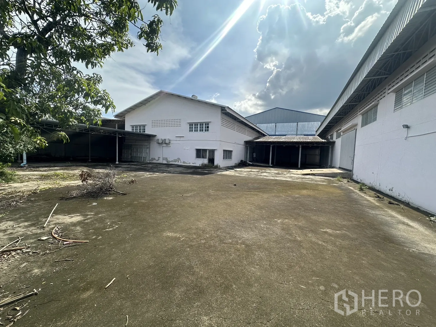 工厂 出租或出售在Prawet, Bangkok - 两栋仓库间的大型混凝土院子，带有遮雨装卸区和树木。