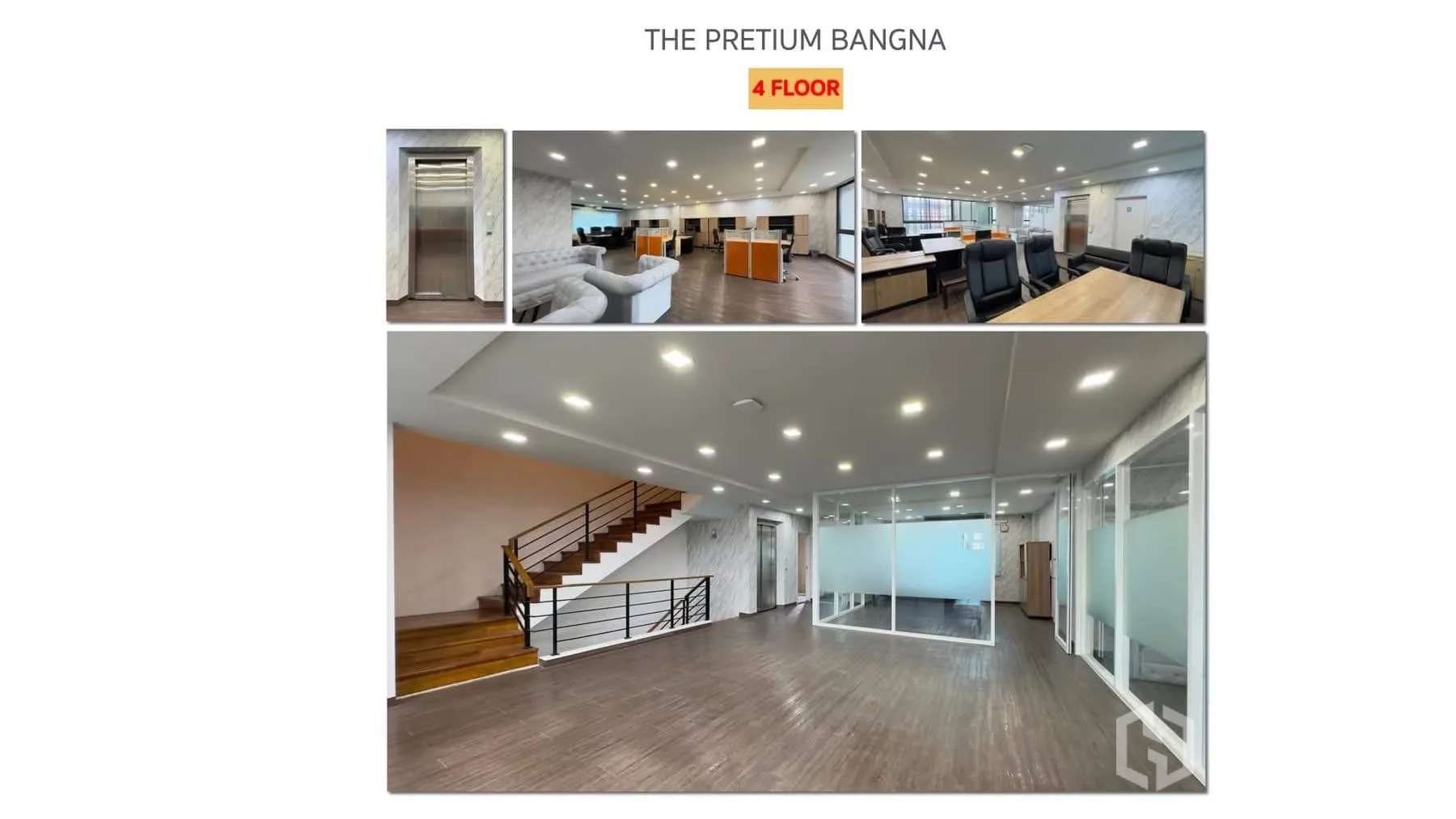 Home Office for rent or sale in Bang Phli, Samut Prakan - Photo collage of fourth‑floor elevator lobby and coworking space.