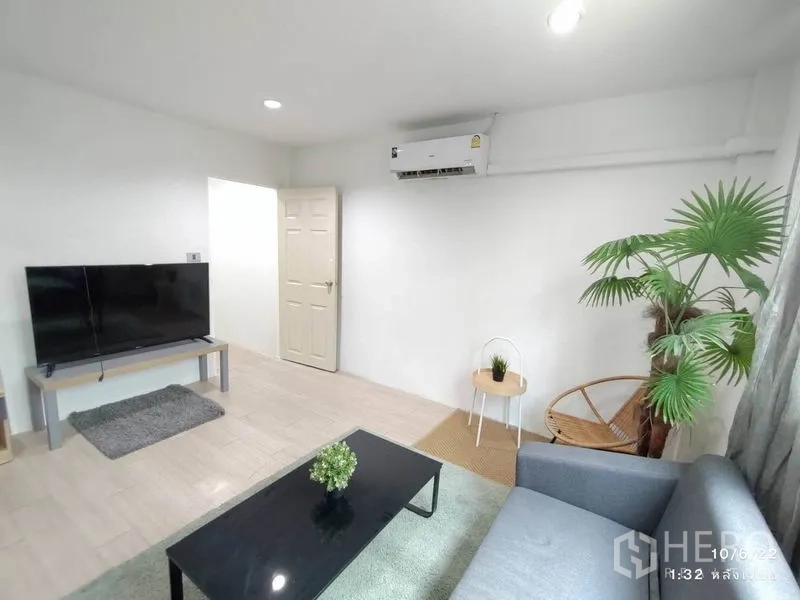 带办公室的家 出租 - 客厅角度，带电视柜、壁挂空调、边几以及窗边的盆栽棕榈。