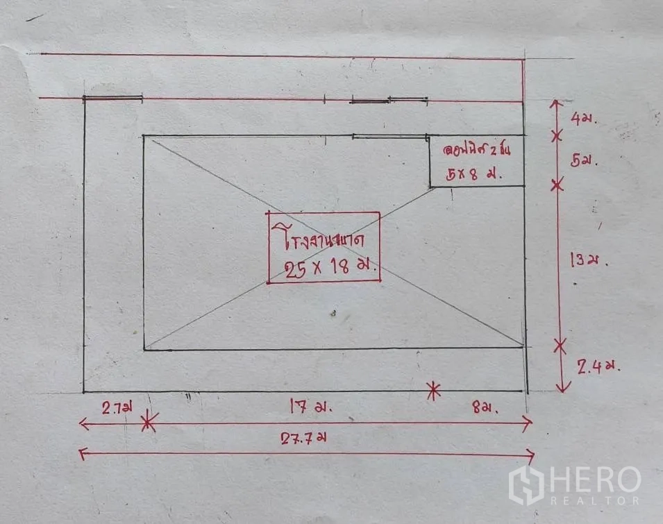 โรงงาน for rent or sale in Mueang Samut Sakhon, Samut Sakhon - ผังเลย์เอาต์โรงงานระบุขนาดพื้นที่และระยะเป็นเมตร