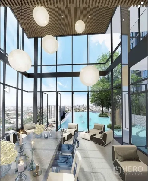 公寓 出租在Phra Khanong, Bangkok - 住户天际休息区，挑高玻璃幕墙，带无边际泳池，远眺曼谷。