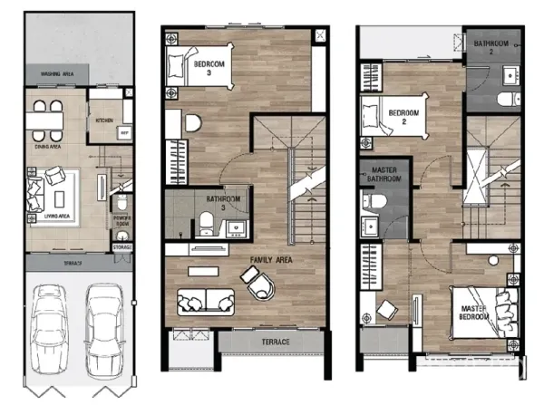 Townhouse for sale in Bueng Kum, Bangkok - Three-floor townhouse floor plan showing 3 bedrooms, 4 bathrooms and two-car parking.