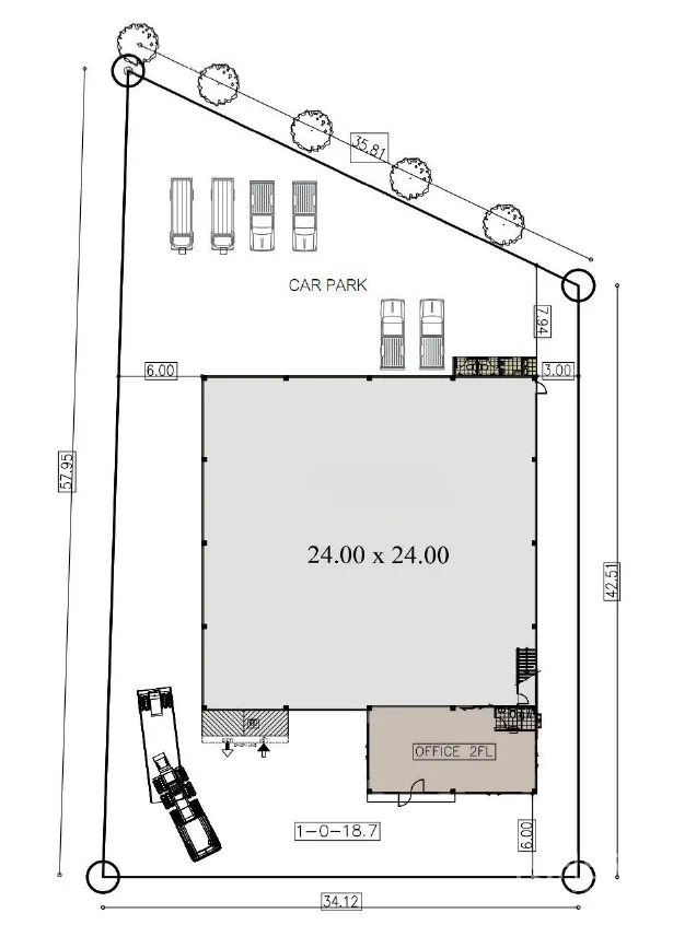 Factory for rent or sale in Bang Sao Thong, Samut Prakan - Site plan showing a 24 x 24 m factory hall, two-storey office block, driveway and car park layout.