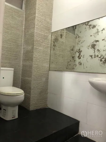 货栈 出租在Phra Nakhon Si Ayutthaya - 卫生间配坐便器、立柱式洗手盆与大镜面，局部立体纹理瓷砖。