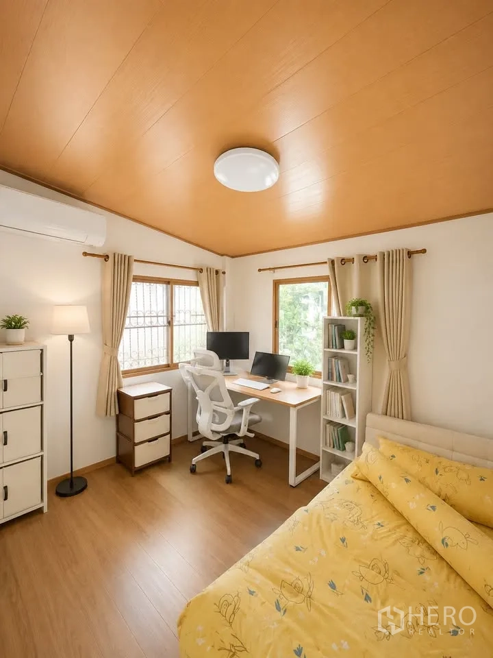 Detached House for rent in Prawet, Bangkok - Cozy room with bed, work desk, shelving and wood-look flooring.