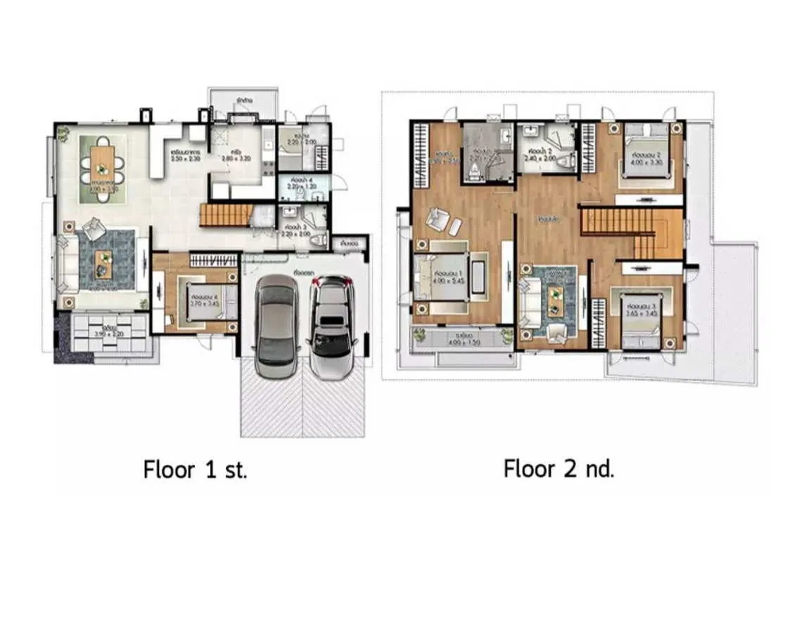 บ้าน ให้เช่าหรือขายในLam Luk Ka, Pathum Thani - ผังบ้านสองชั้น แสดงห้องนอน พื้นที่นั่งเล่น และที่จอดรถคู่.