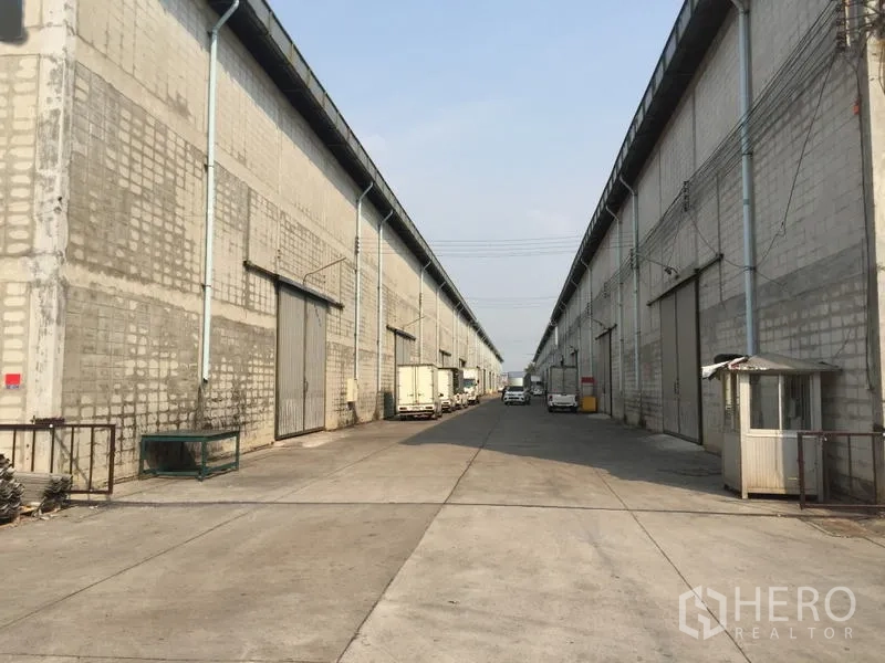 Warehouse for rent in Mueang Pathum Thani, Pathum Thani - Long internal road between rows of warehouses with multiple doors and parked delivery trucks.
