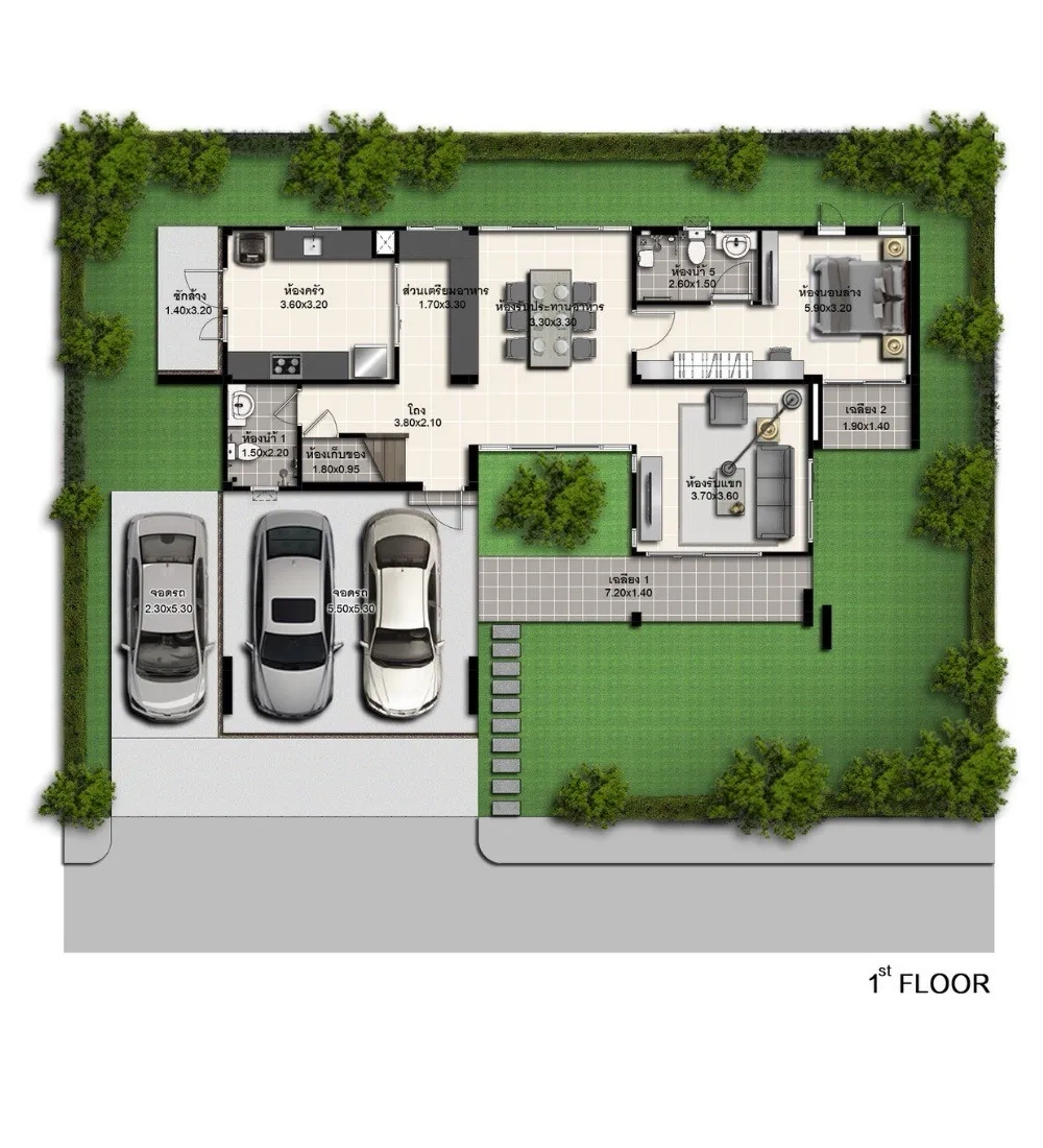 独栋房屋 for rent in Lam Luk Ka, Pathum Thani - 一层户型图，展示客厅、卧室、厨房与停车区域。