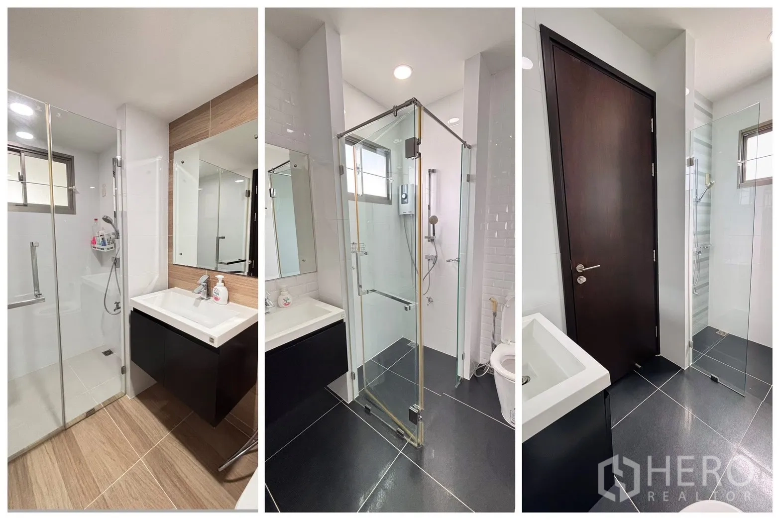 Detached House for rent in Bang Phli, Samut Prakan - Modern bathrooms with glass-enclosed showers, vanities and wall tiles.