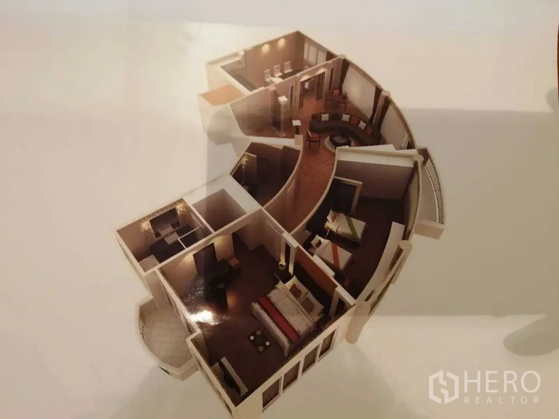 อพาร์ทเมนท์ ให้เช่าในWatthana, Bangkok - แปลนห้องแบบสามมิติของอพาร์ตเมนต์ 2 ห้องนอน 162 ตร.ม. รูปทรงโค้งในเขตวัฒนา กรุงเทพฯ