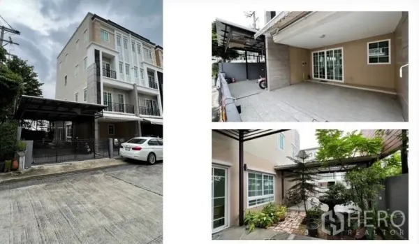 带办公室的家 出租 - 街景视角的现代四层居家办公楼，带遮雨车位和安全大门。