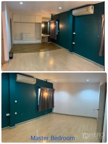 联排别墅 出租在Watthana, Bangkok - 主卧面积大，孔雀绿特色墙、木地板与内置柜。